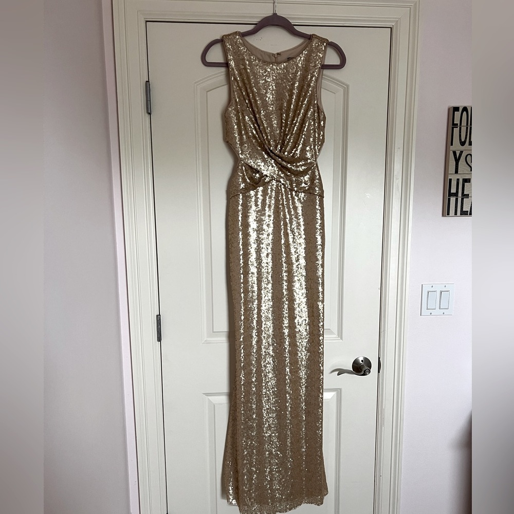 Betsy & Adam Gold Sequin Formal w/Twist Front & Cutout Sides